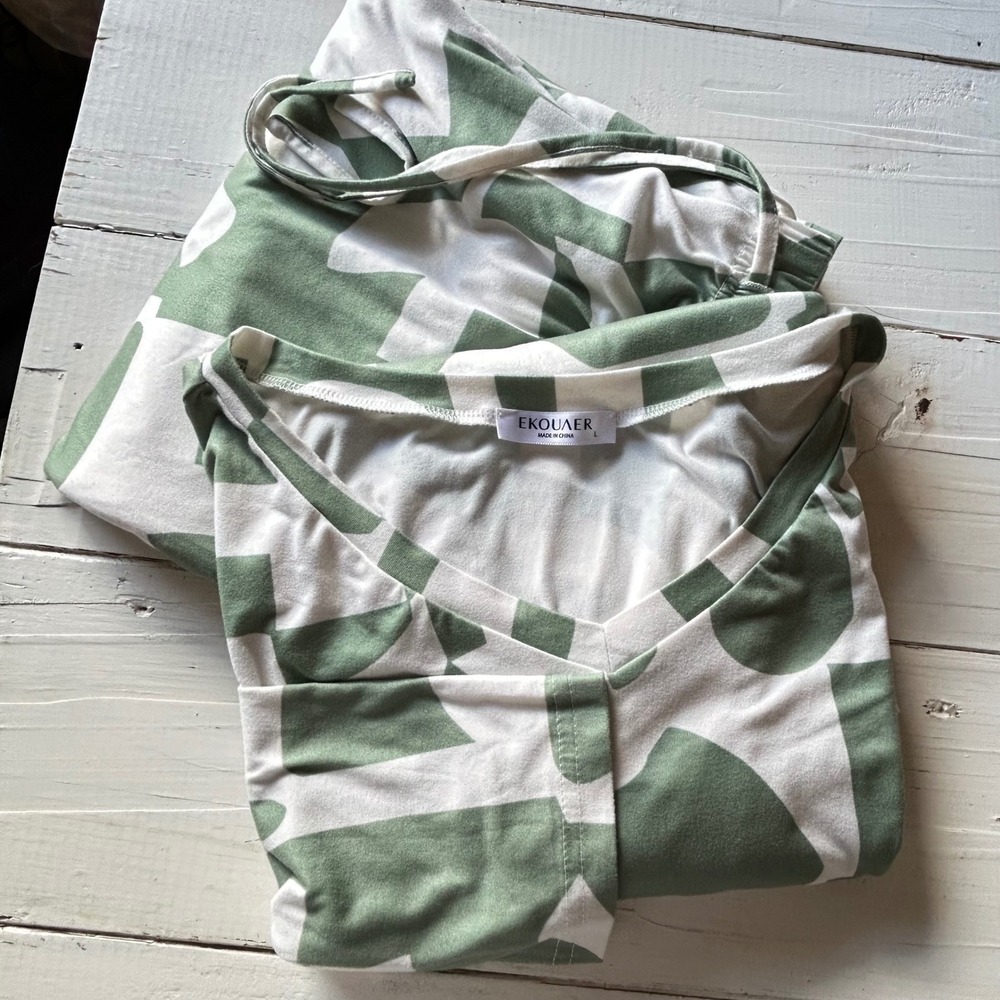 Ekouaer Womens Pajama Set Sage Green Abstract Geometric Long Sleeve Large
